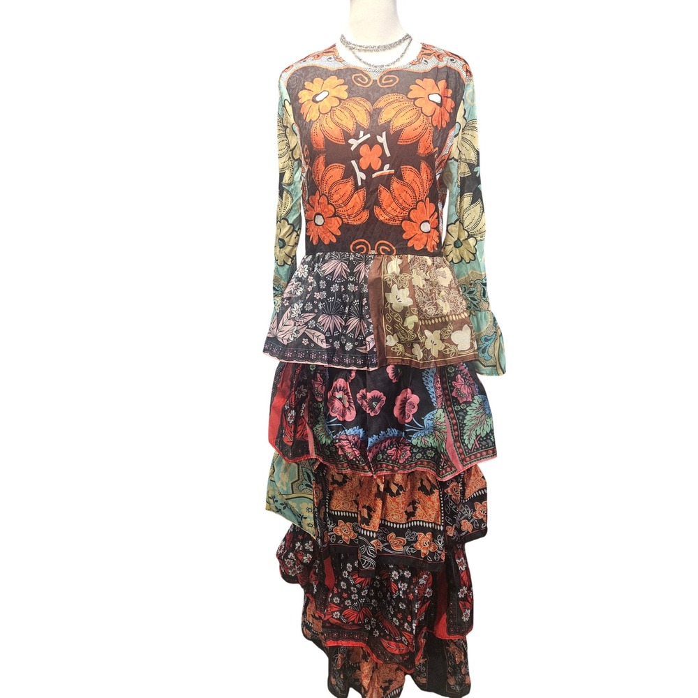 Multicolor Patchwork Floral Tiered Maxi Dress Long Bell Sleeve Boho Festival